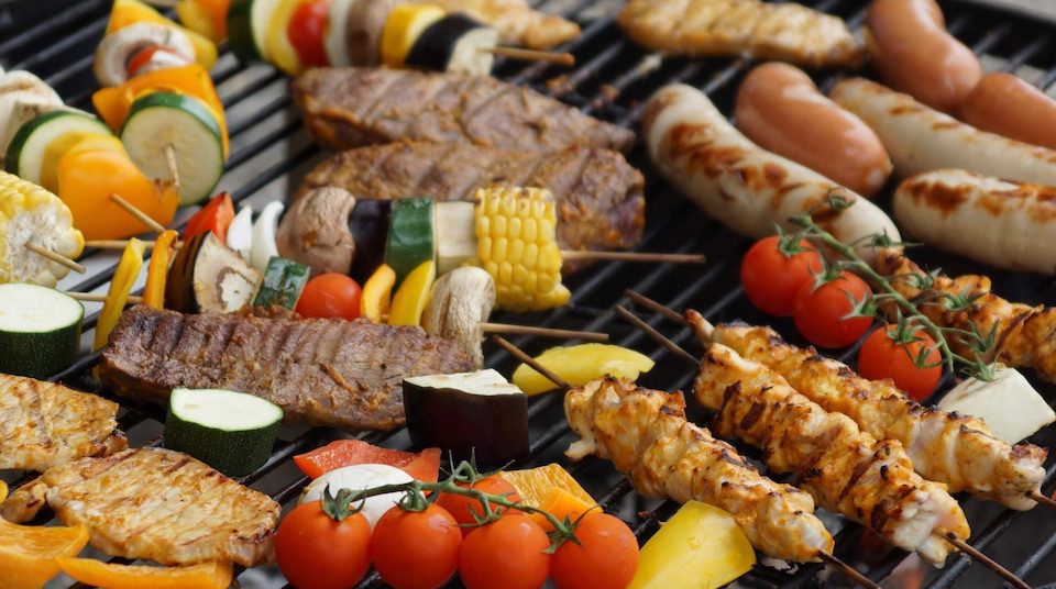 assorted meat and veggies on grill