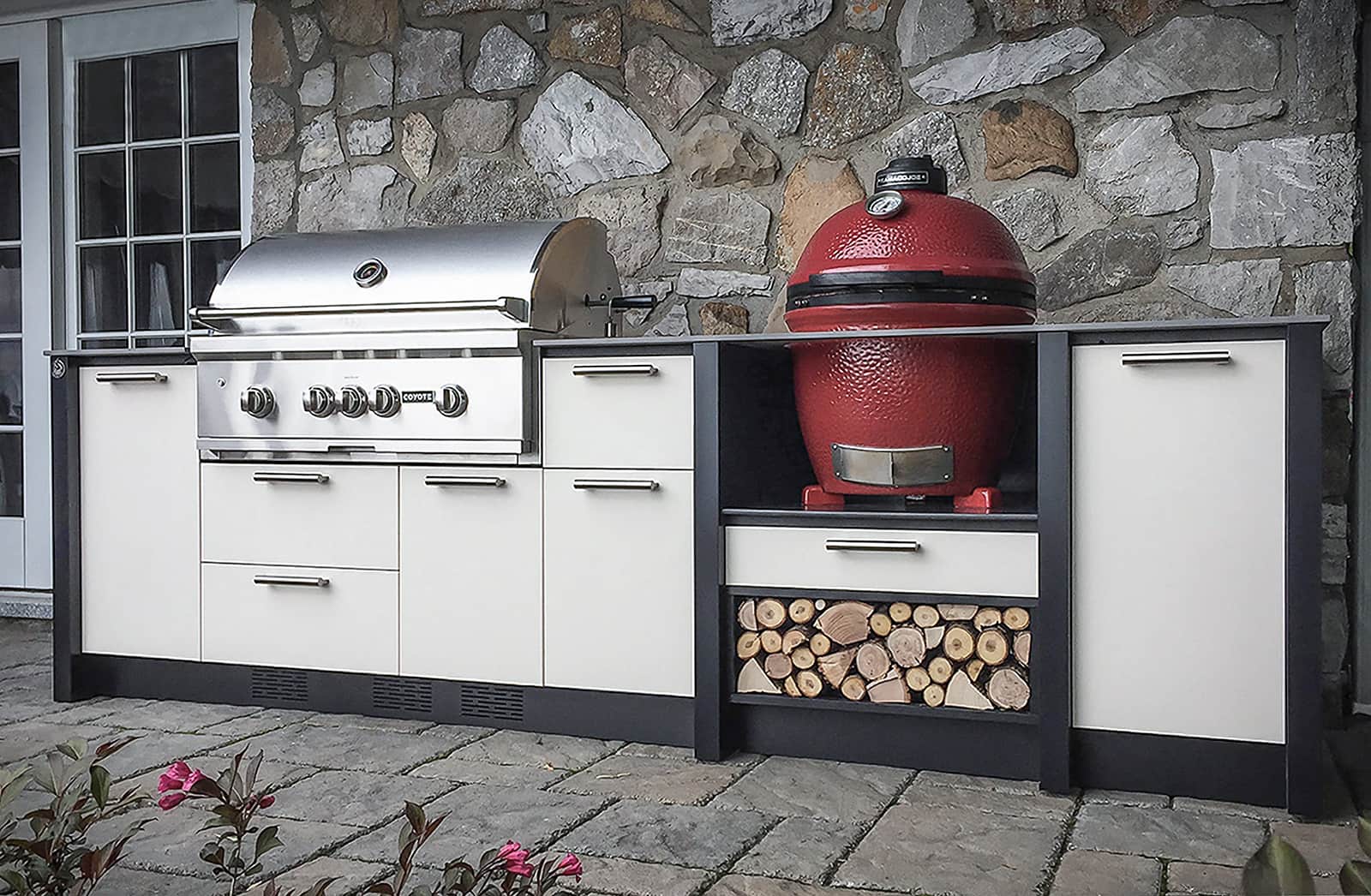 durable outdoor cabinetry with grill and red egg