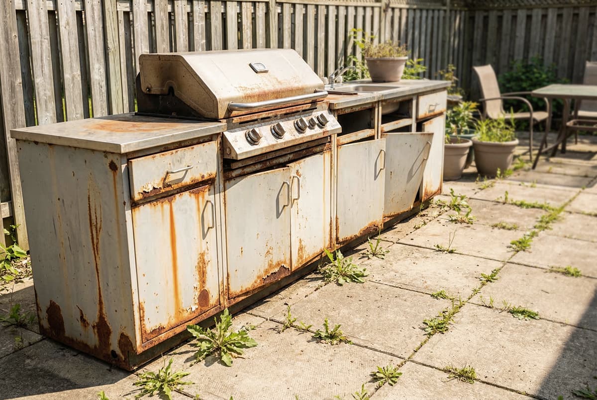 rusted outdoor kitchen cabinet