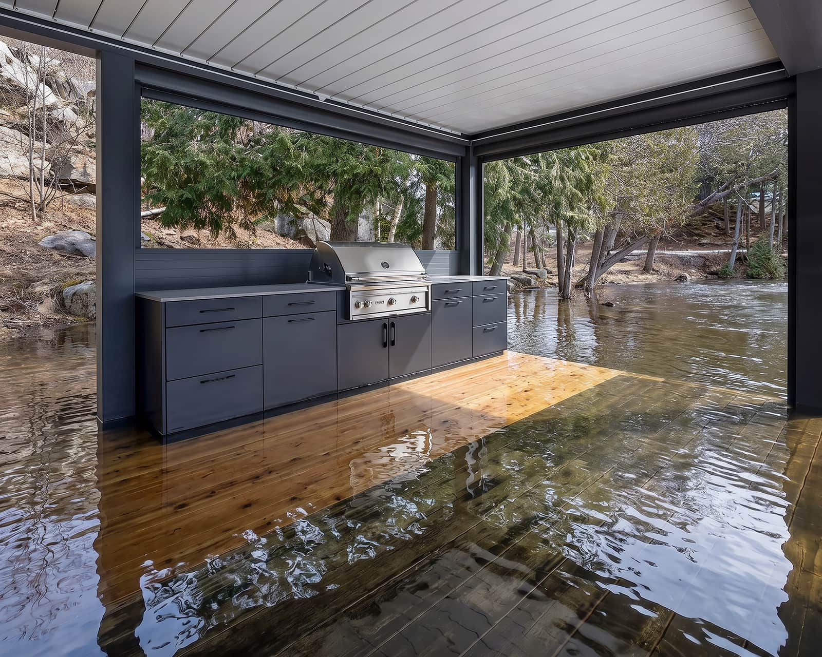 Alumina waterproof aluminum outdoor kitchen cabinets on a cottage country dock in early spring with water over the dock
