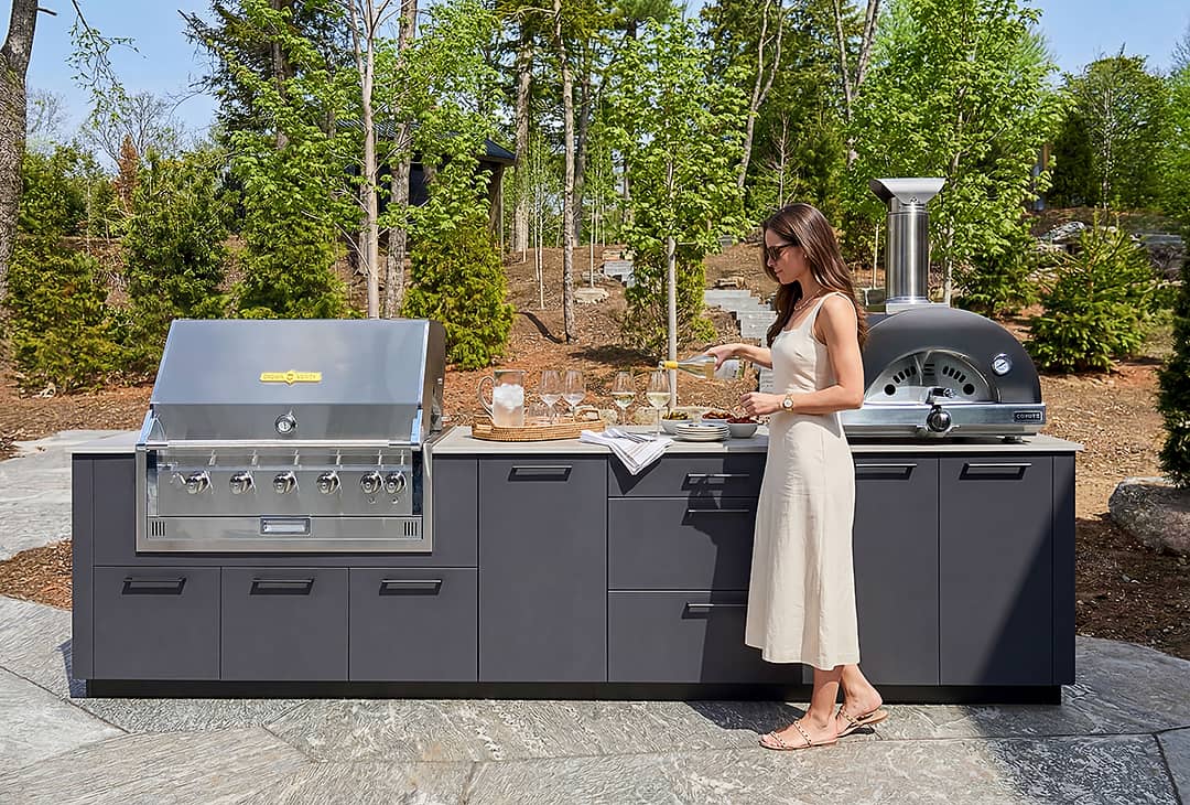 galley outdoor kitchen with Coyote pizza oven and Crown Verity grill