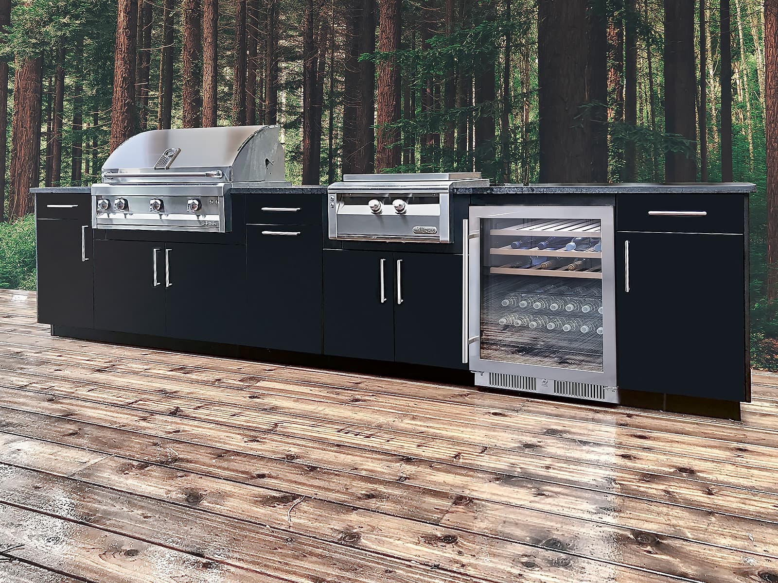 Alumina cabinetry on a backyard deck surrounded by forest