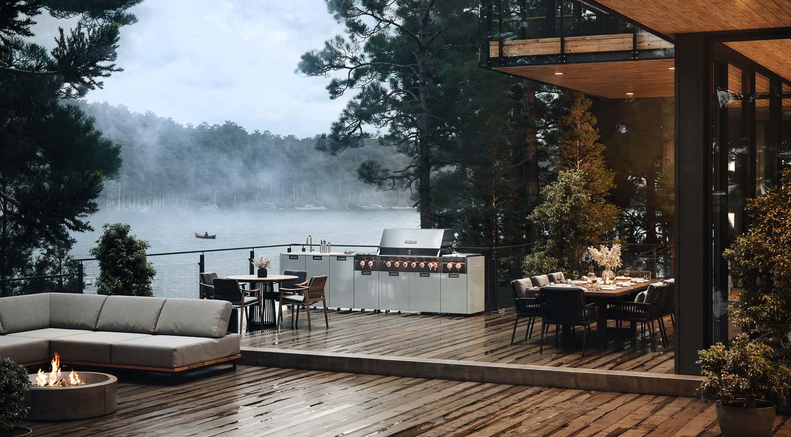 Crown Verity grill outdoor kitchen Muskoka cottage with lake and mist