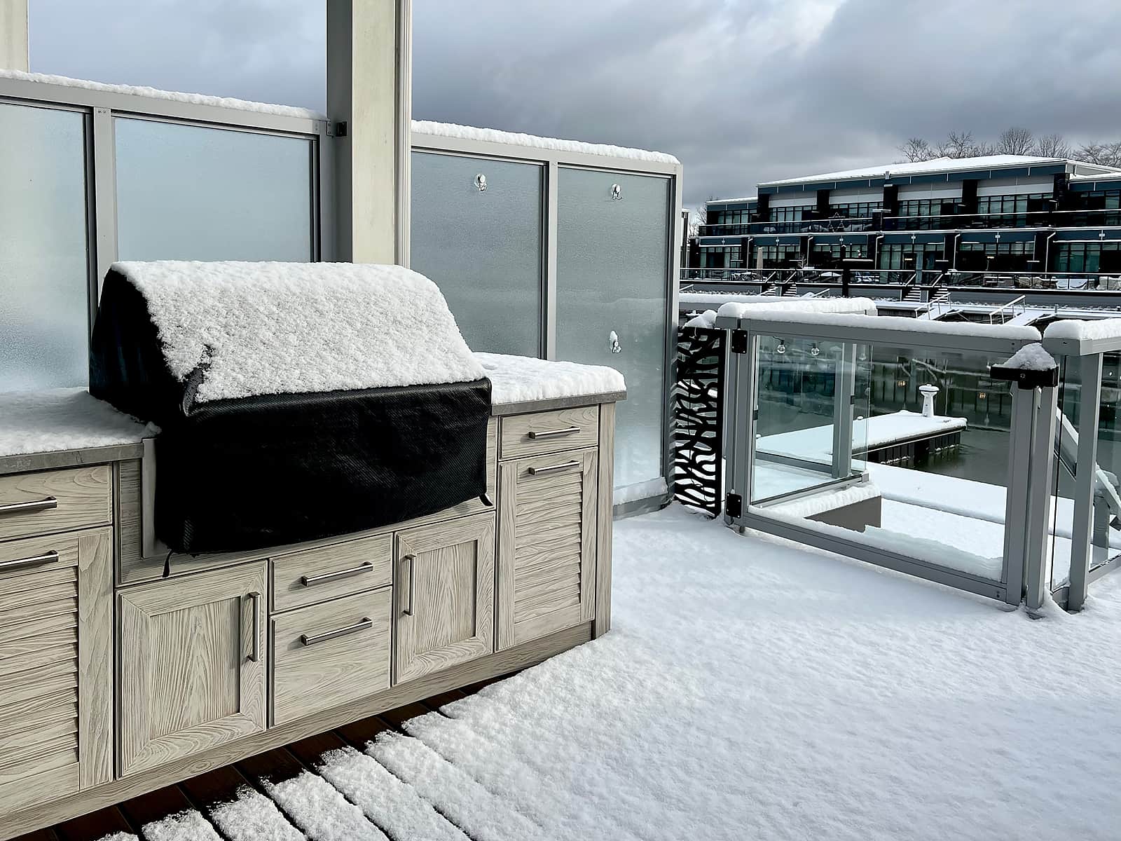 outdoor kitchen and grill in winter on a deck at Friday Harbor
