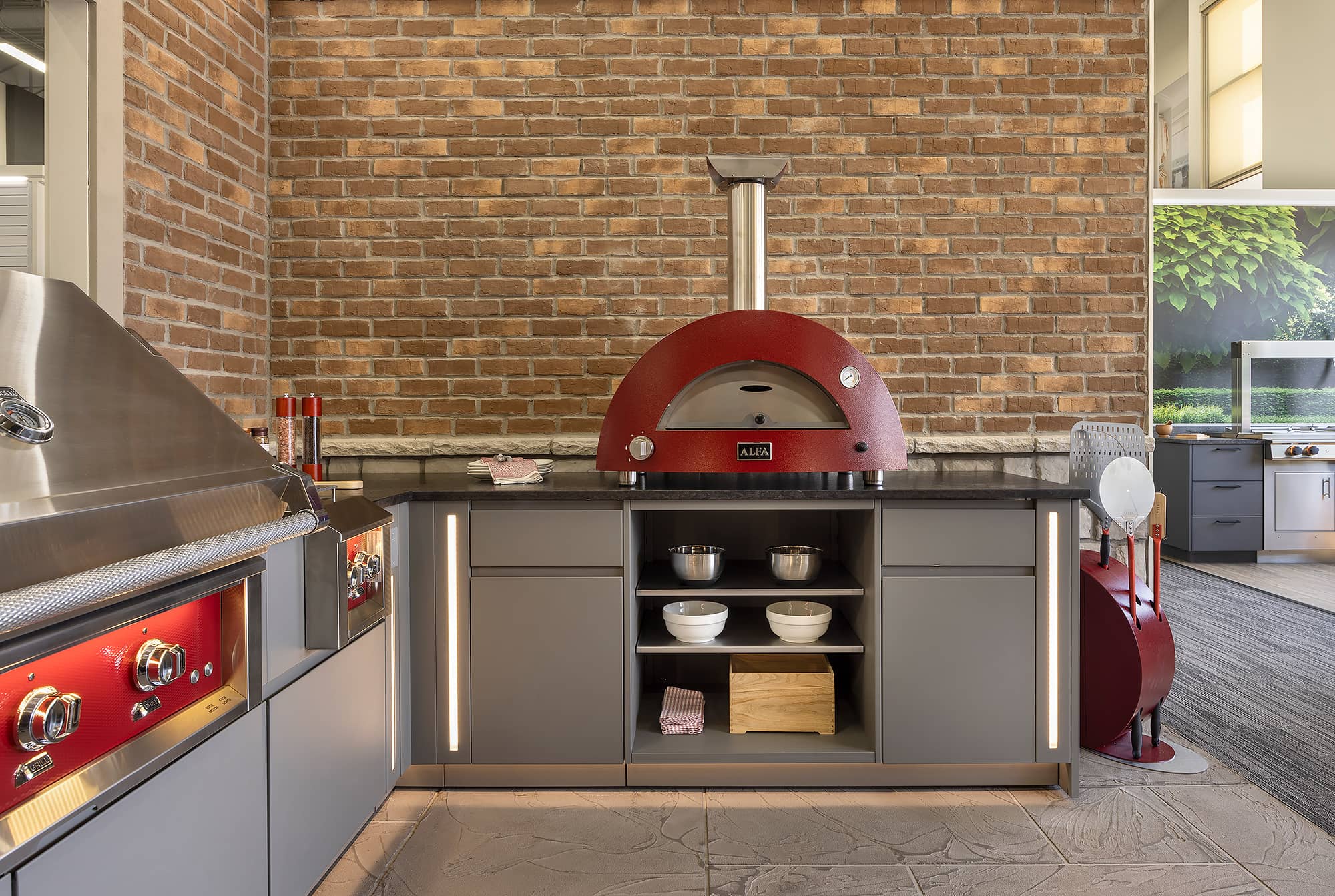 red Alfa pizza oven on Alumina cabinetry