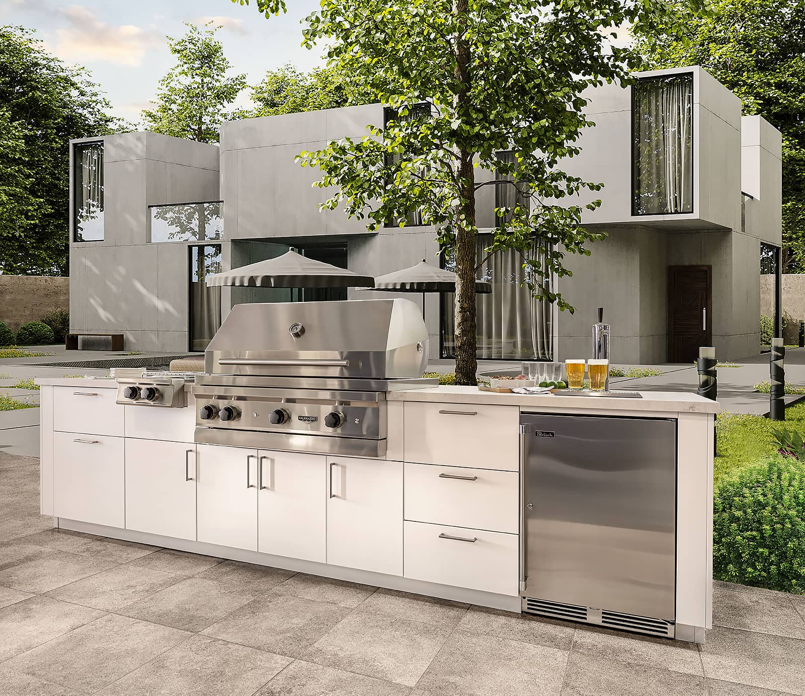 white Urban Bonfire cabinetry with Kalamzaoo grill and beer tap